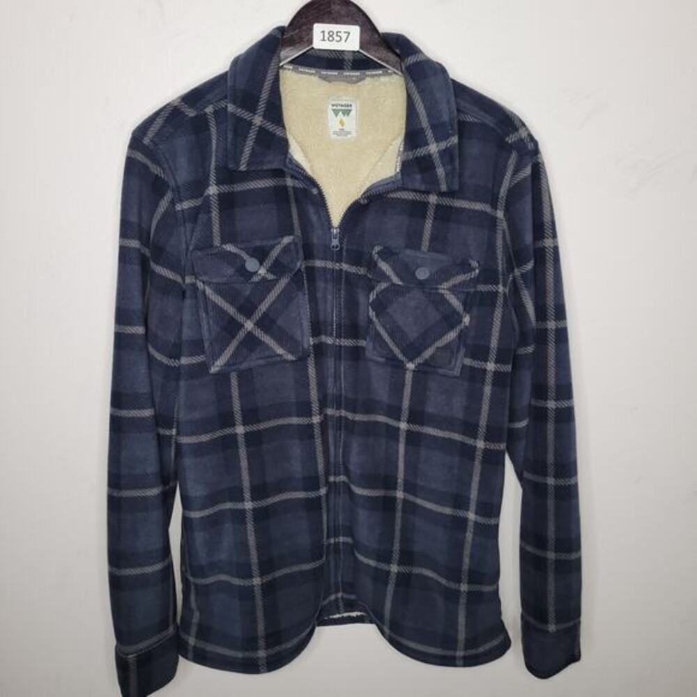 Voyager Men Heavyweight Polar Fleece Jacket‎ Sherpa Lined Plaid Blue Medium Warm